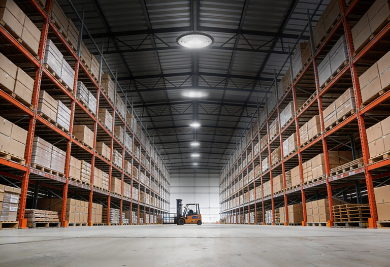 Galpão industrial com luminárias highbay LED UFO PSMR instaladas em teto metálico de pé-direito alto, corredores de prateleiras com caixas e empilhadeira ao fundo