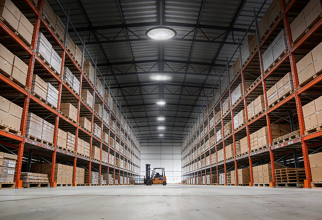 Galpão industrial com luminárias highbay LED UFO PSMR instaladas em teto metálico de pé-direito alto, corredores de prateleiras com caixas e empilhadeira ao fundo