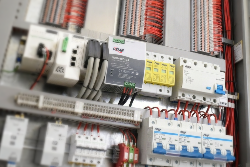 Painel elétrico industrial aberto com fonte de alimentação 24 V em trilho DIN, DPS classe II, mini disjuntores e bornes de conexão organizados por tipo de circuito