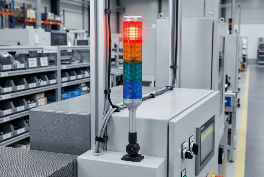 Torre de sinalização LED PSMR com 3 elementos coloridos montada em painel de comando industrial
