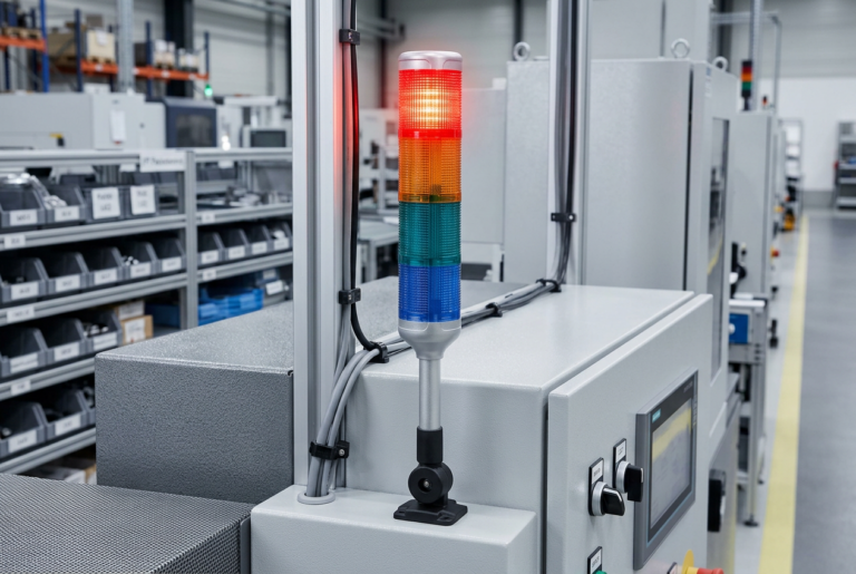 Torre de sinalização LED PSMR com 3 elementos coloridos montada em painel de comando industrial